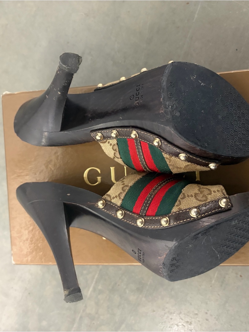 Gucci Tan Canvas Mules with Red & Green Stripe and Gold Horsebit - Picture 7 of 8